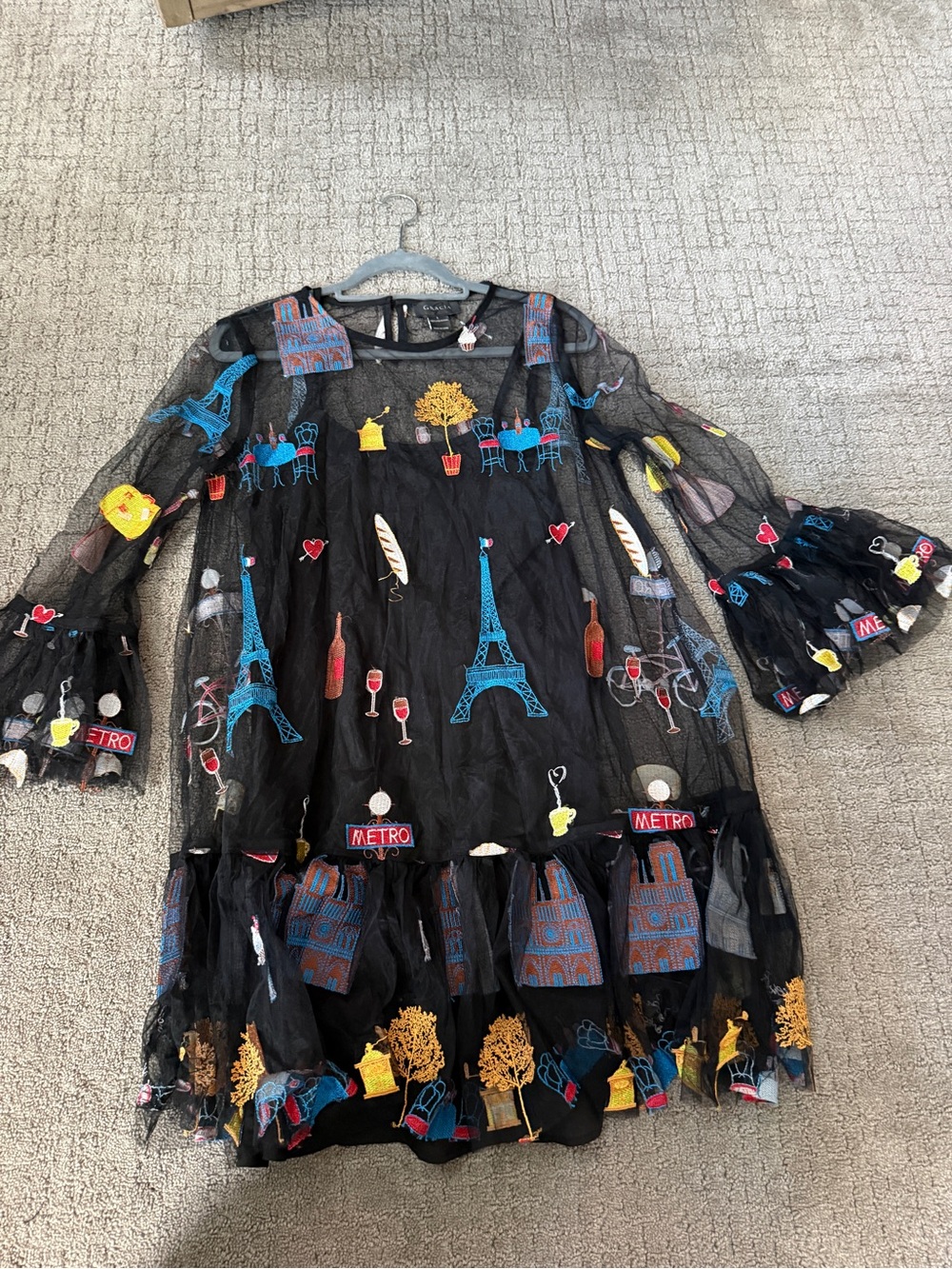 Gracia Black Mesh Dress with Blue Eiffel Tower & Multicolor Paris Motifs